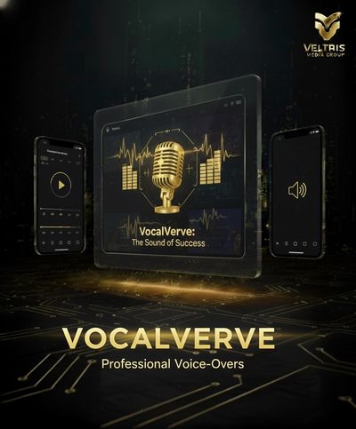 VocalVerve offers professional voice-over services with a sleek digital and audio theme.