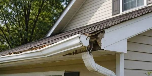 Damaged gutter and roof edge on a house needing repair.