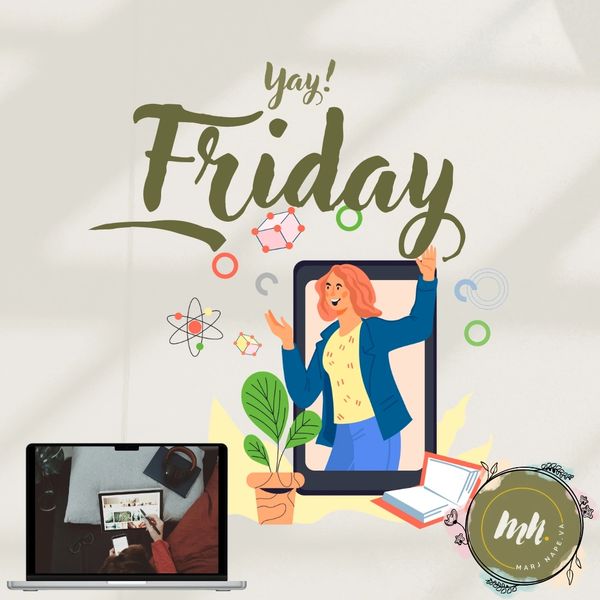 Illustration celebrating Friday with a woman on a screen, laptop, and study elements.