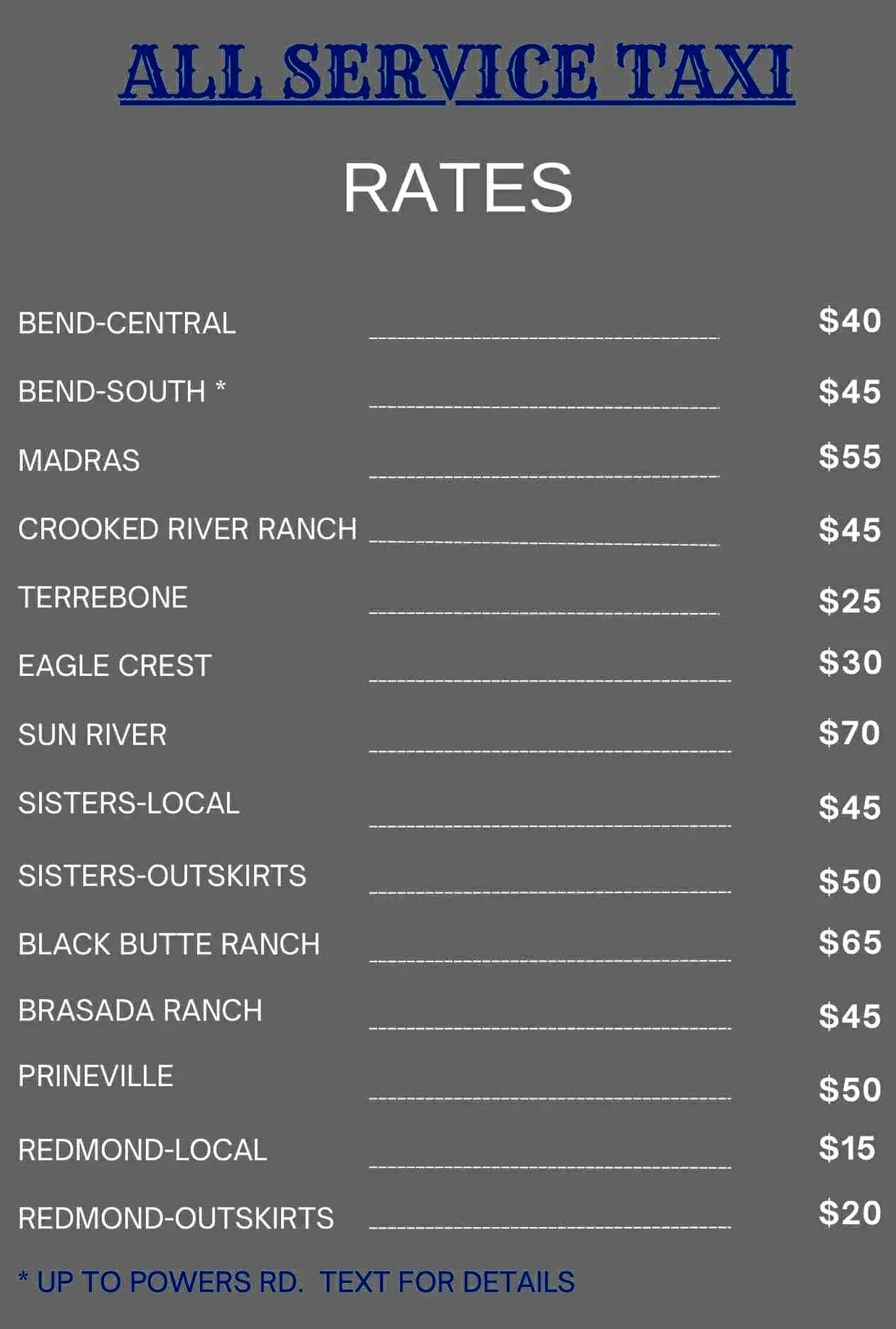 Taxi service rates listed for various locations with prices from $15 to $70.