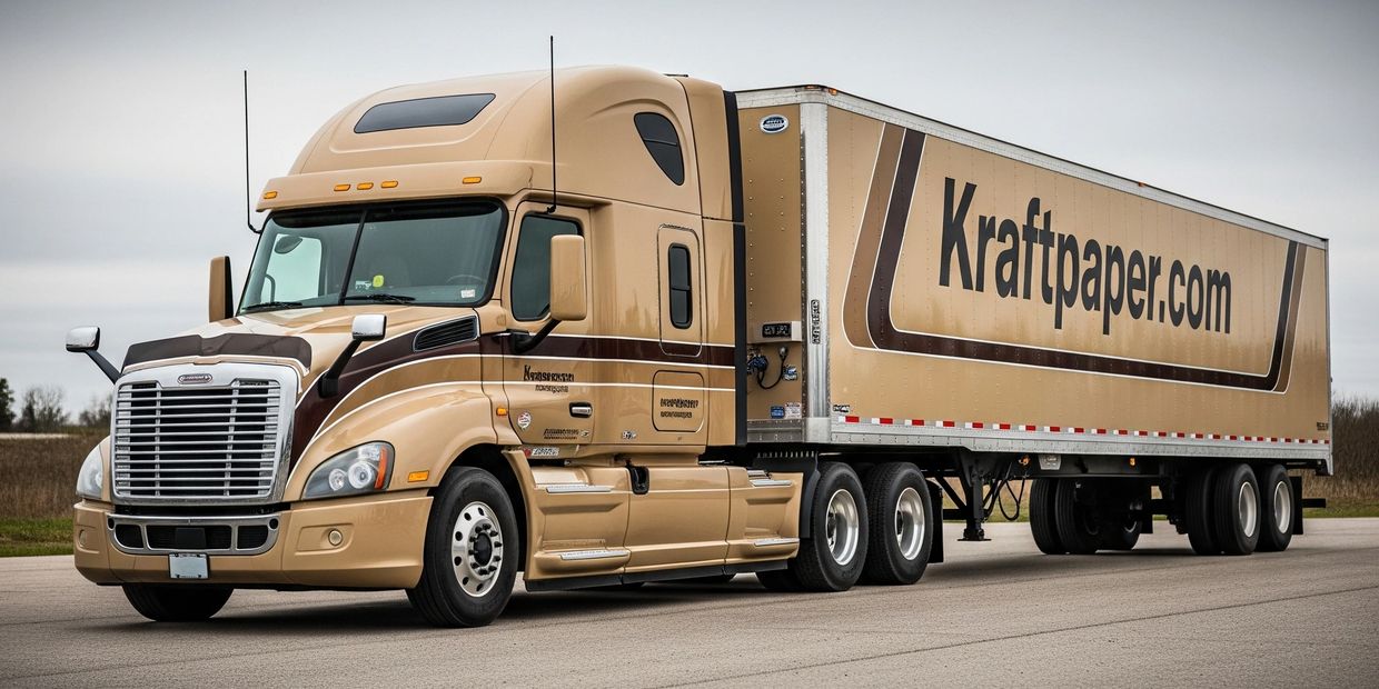 Beige Kraftpaper.com semi-truck parked on a road under cloudy sky.