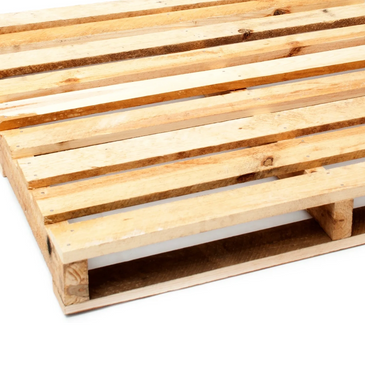 Wooden pallet made of light-colored wood slats on a white background.
