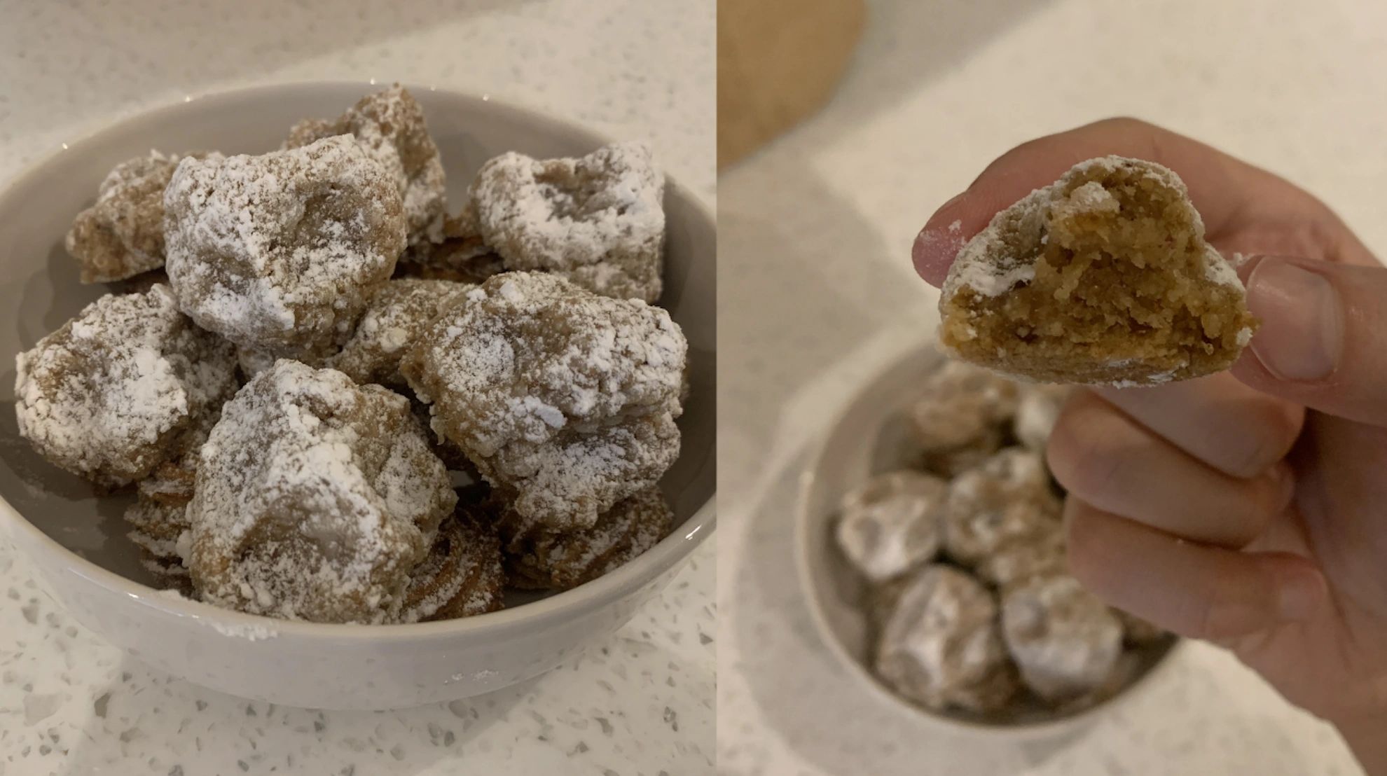 Powdered sugar-covered cookies with a soft, crumbly interior held in hand.