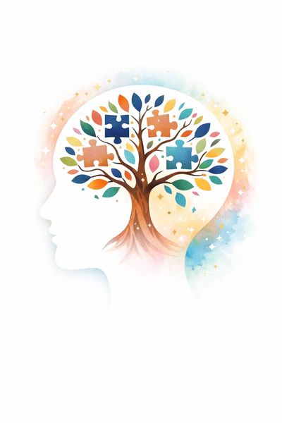 Tree with puzzle piece leaves inside a human head silhouette.