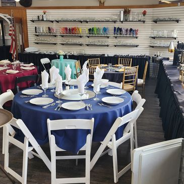 Tables chairs tents dishes linens rentals. delivery for party and events. Showroom display s.w.
