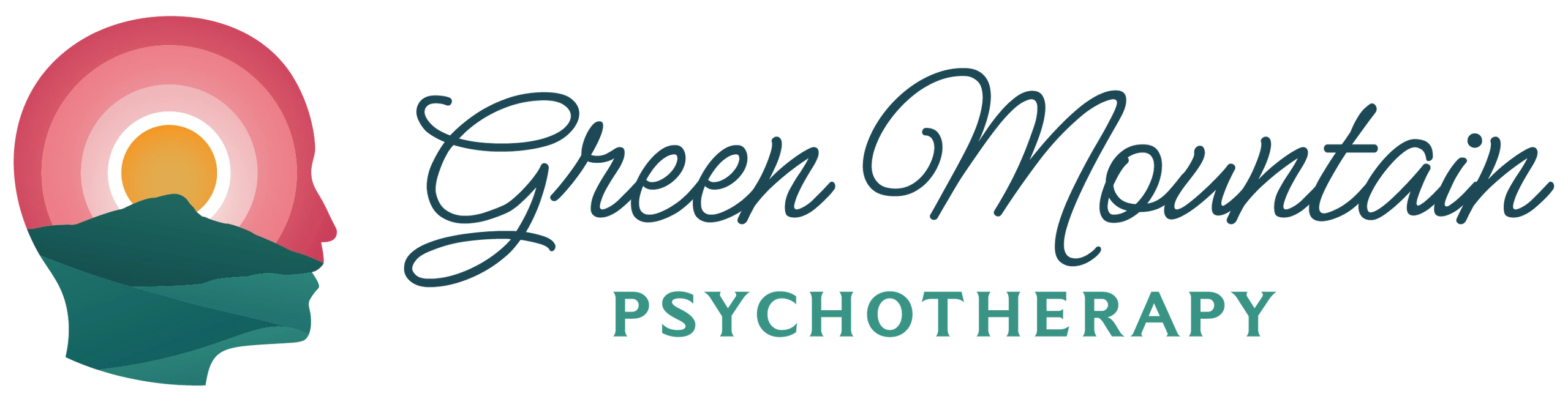 Logo with a mountain and sun inside a human head silhouette, text 'Green Mountain Psychotherapy'.