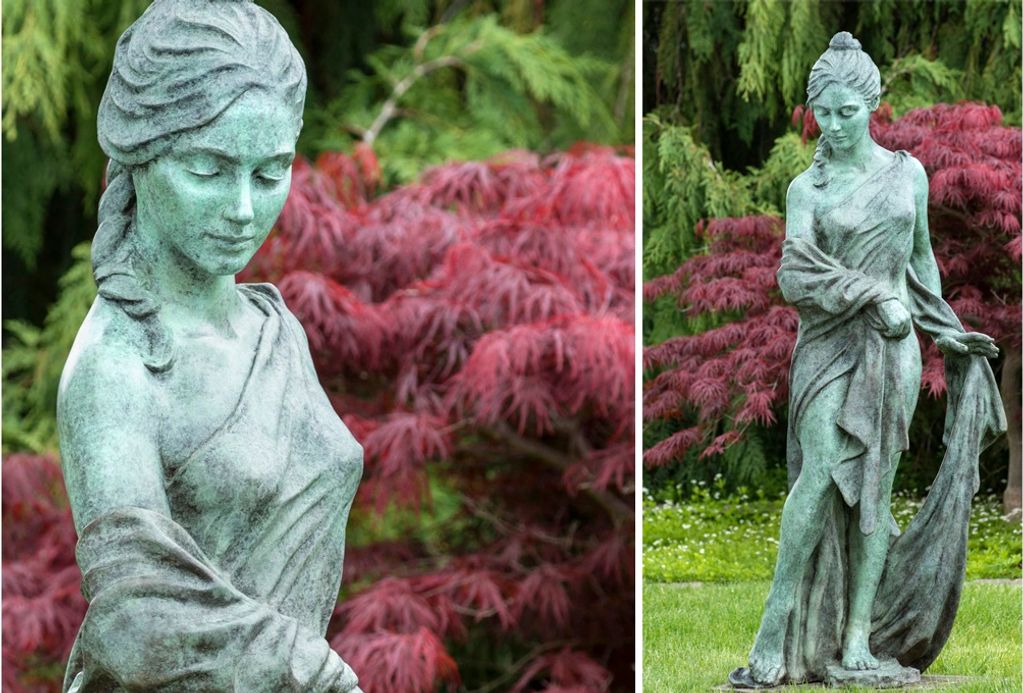 Cascade is a 3/4 life-size bronze female figure finished with a Spanish Moss Patina by Donna Mayne