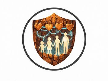 Shield protecting a family with heart-shaped symbols above.