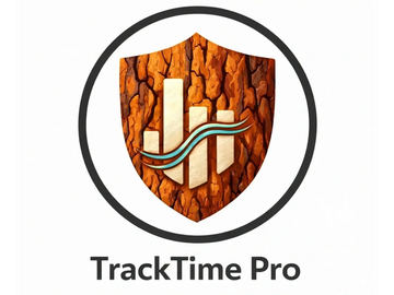 TrackTime Pro logo with a wooden shield and bar graph design.