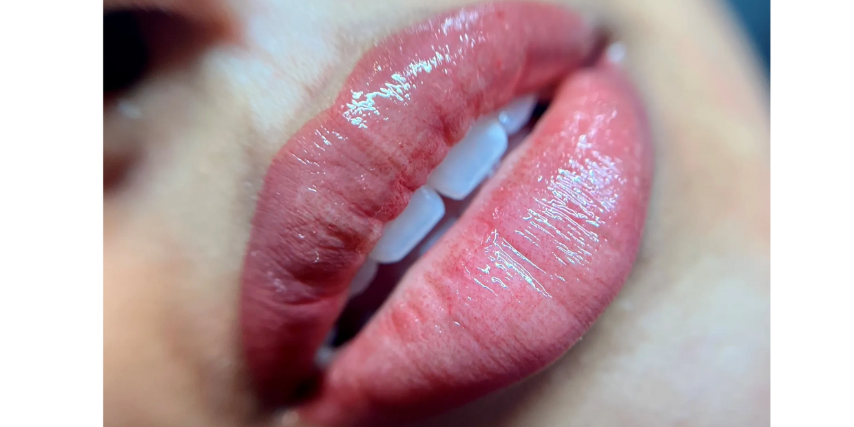 Close view image of woman's lips after semi permanent lip blush treatment 