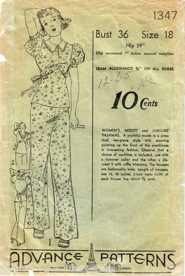 Advance 1347 Size 18 Bust 36
1930s Pajamas
Vintage Pattern