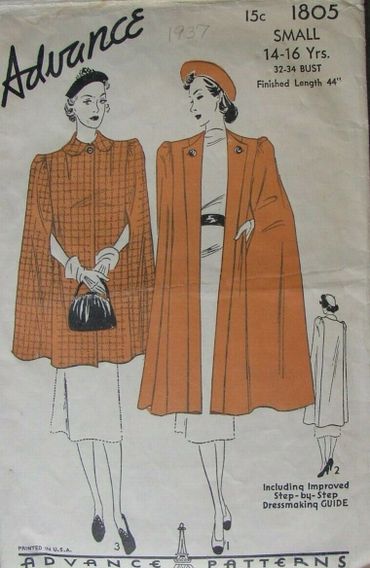 1930s Advance 1805
Vintage Dress Pattern
Cape Pattern 
Size 16 Bust 34