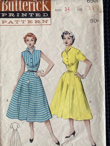 Vintage 1950s Butterick 6501~Shirtwaist Dress~Deep Yoke~Empire Look~10 Gore Skirt~Sleeveless or Shor