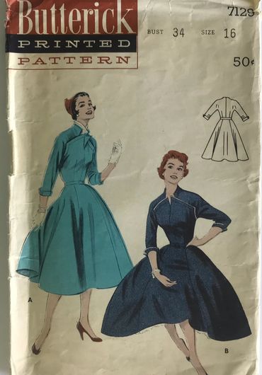 1950s Butterick 7129 / Rockabilly Dress / Full Flared Skirt / Avant Garde Shaped Bodice / Size 16