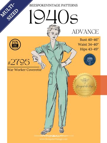 Advance 2795 - MULTISIZED Bust 40"- 46" 1940s WWII Coverette Overalls Homefront Rosie the Riveter