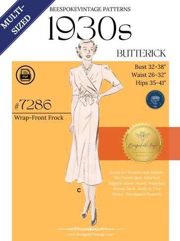 Butterick 7286 - MULTISIZED PDF Pattern - Bust 32-38" - vintage pattern 1930s Dress with Wrap Front