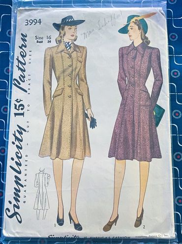 Simplicity 3994 1940s Vintage Dress Pattern
Vintage Coat Pattern