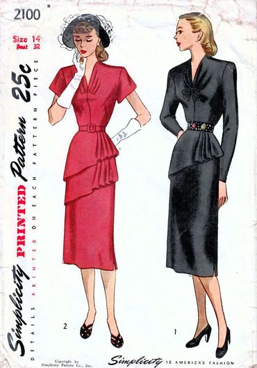 Simplicity 2100 Size 14 Bust 32
1940s Dress with Peplum
