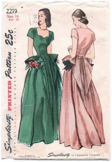 1940's Simplicity 2219 Swallow Tail Peplum Gown Pattern Bust 32