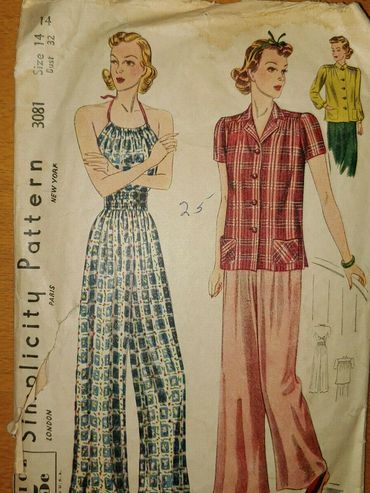 Simplicity 3081 Size 14 Bust 32
1930s Beach Pajamas
Vintage Pattern