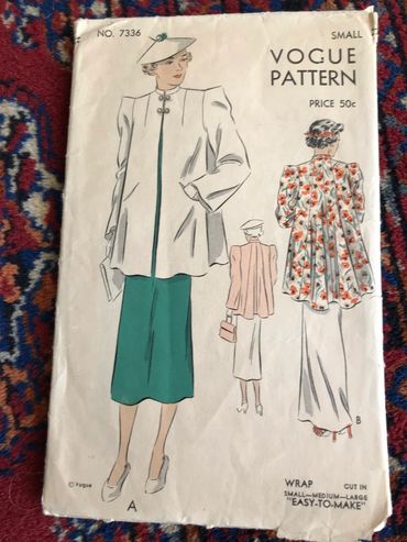 Vogue 7336 from 1930s Vintage Pattern wrap jacket. Flared back and wide pointed shoulder.