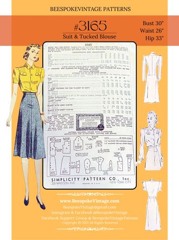 Simplicity 3162
1930s Suit, Blouse, Skirt, Dress
Bust 30"
Waist 26"
Hips 33"