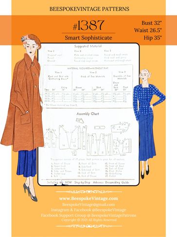 Advance 1387 - Bust 32" size 14 - vintage pattern 1930s 2-Piece Dress (Blouse and Skirt) and Coat