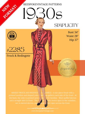 Simplicity 2285 - Bust 34" PDF Pattern - vintage pattern 1930s Redingote Ensemble Dress & Coat