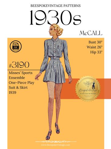 McCall 3190 
Bust 30" 
sz 12 
vintage pattern 1930s Misses' Sports Ensemble Playsuit & Skirt