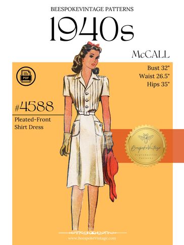 Bust 32" PDF Pattern - McCall 4588 - sz 14 - 1940s - Ladies Tucked Front Shirtwaist Dress Pattern
