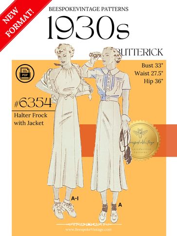 Butterick 6354 - Bust 33" - vintage pattern 1930s Sun Dress and Belted Jacket. Agatha Christie