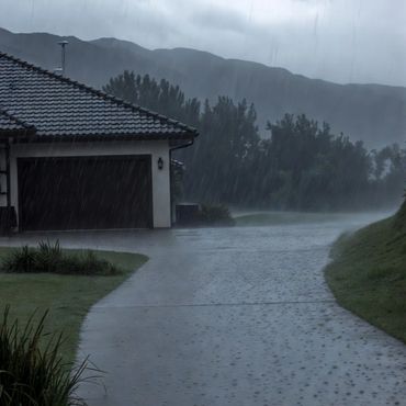 Heavy rain falls on a driveway beside a house with mountains in the background.
