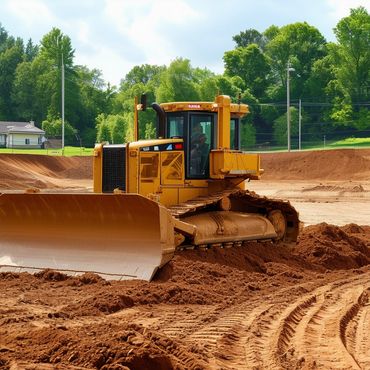 Yellow bulldozer moving earth on a sunny day in a green landscape.