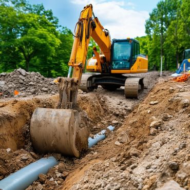Excavator installing an underground pipe in a trench on a construction site.