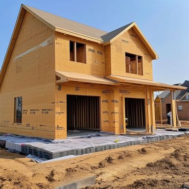 A two-story house under construction with wooden framing and no exterior finishing.