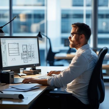 Man working on architectural designs at his computer in a modern office.