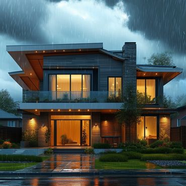 Modern two-story house illuminated on a rainy evening.