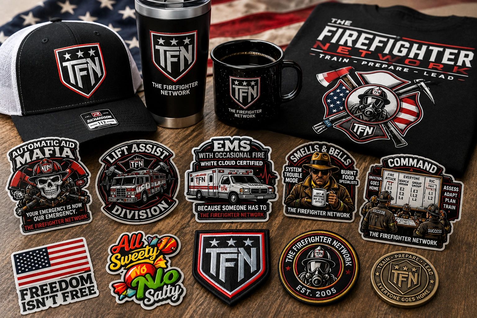 Firefighter Network gear including patches, hat, mug, tumbler, and T-shirt.