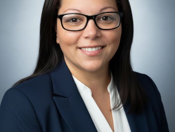 Professional woman with glasses smiling.