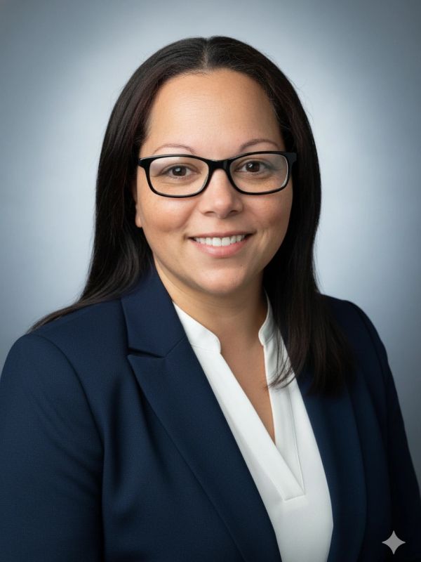 Professional woman with glasses in business attire smiling.