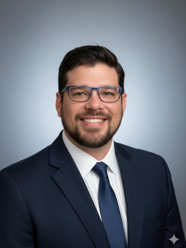 Professional man in a navy suit smiling against a light gray background.