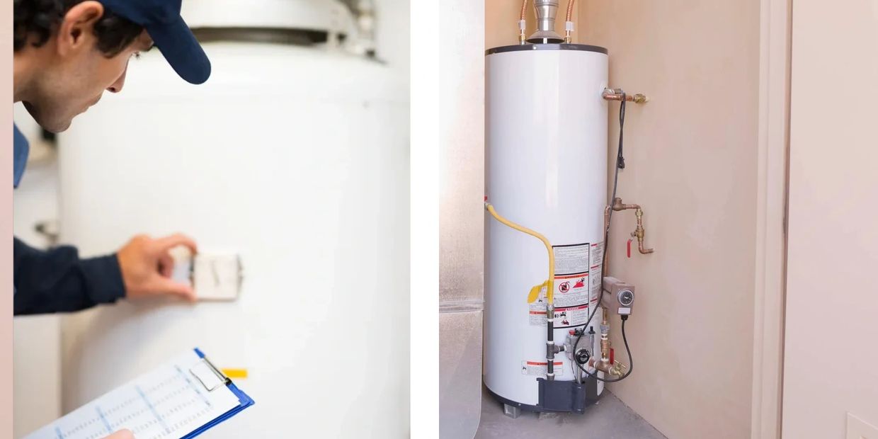 images of a technician regulating a water heater and a water heater. Bonded Mechanical