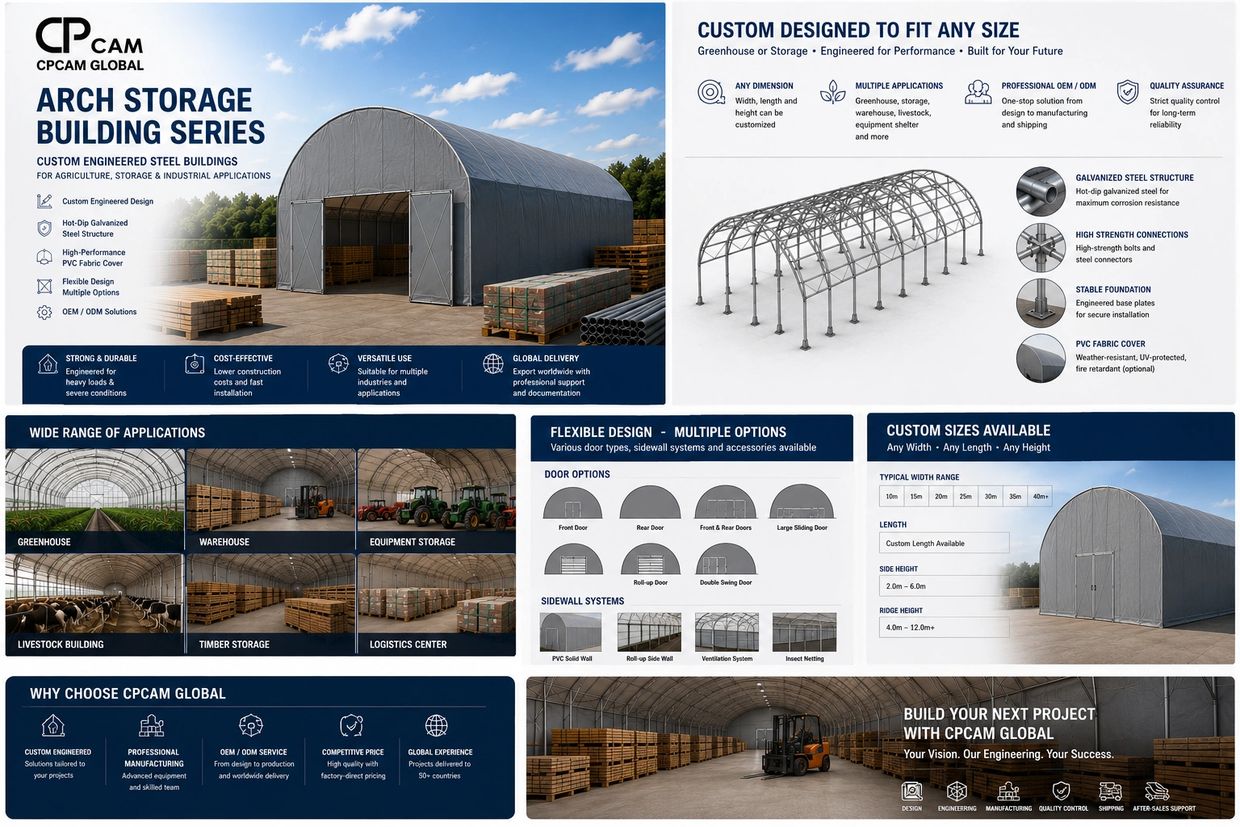 Overview of CPCAM Global's arch storage buildings with custom design and multiple applications.