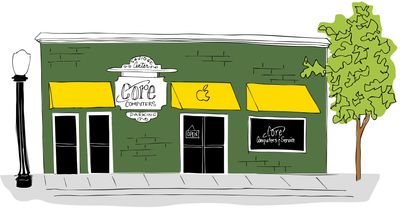 Drawing of Core Computers storefront: green with yellow awning and apple computer logo on awning.