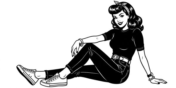 Retro-style woman sitting with a cheerful expression.