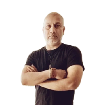 Man with folded arms wearing a black t-shirt and bracelets.