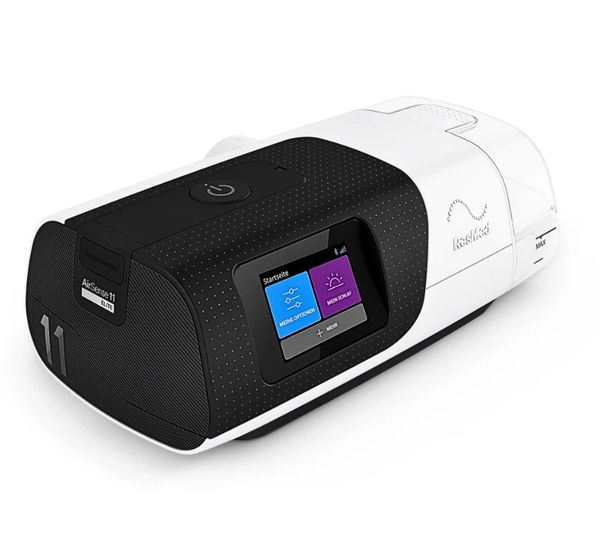 ResMed AirSense 11 Elite CPAP machine with color touchscreen and sleek design.