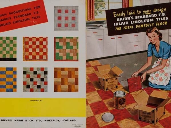 Vintage ad showing linoleum tile designs and a woman installing them in a kitchen.