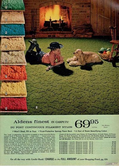 Child in cowboy outfit lying on carpet with dog by fireplace, carpet color samples shown.