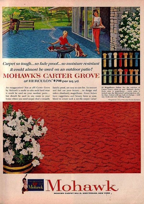 Vintage Mohawk carpet ad showing outdoor and indoor use with vibrant colors.